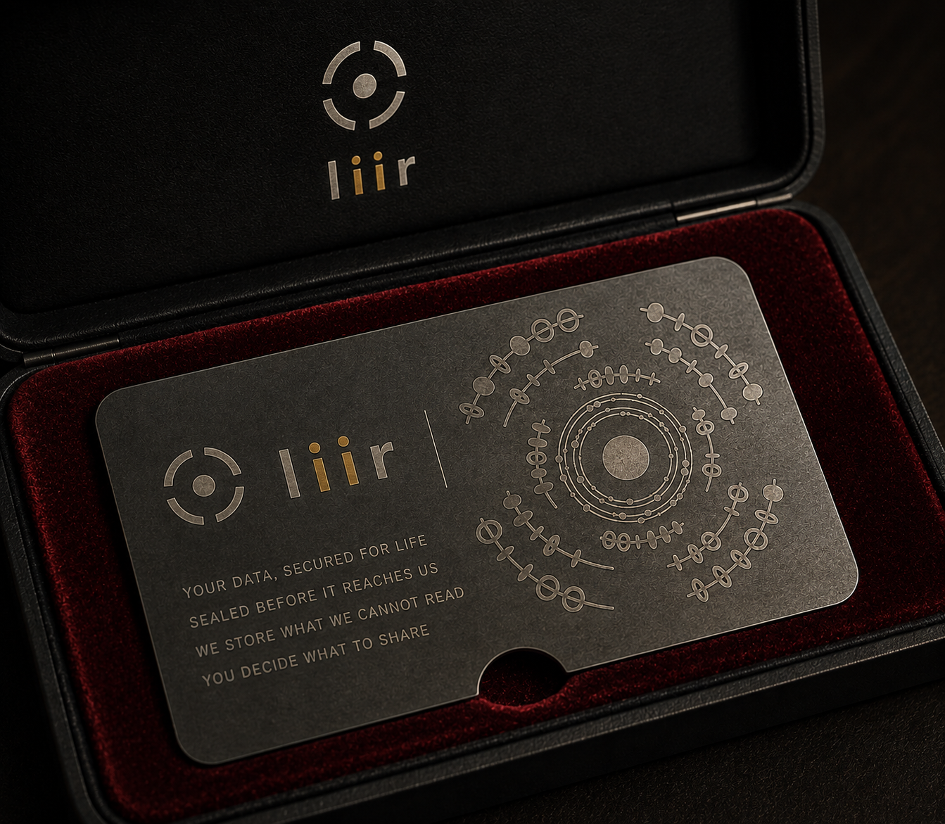 The Liir Cold Key: a stainless-steel card in its case, the mark engraved across its face